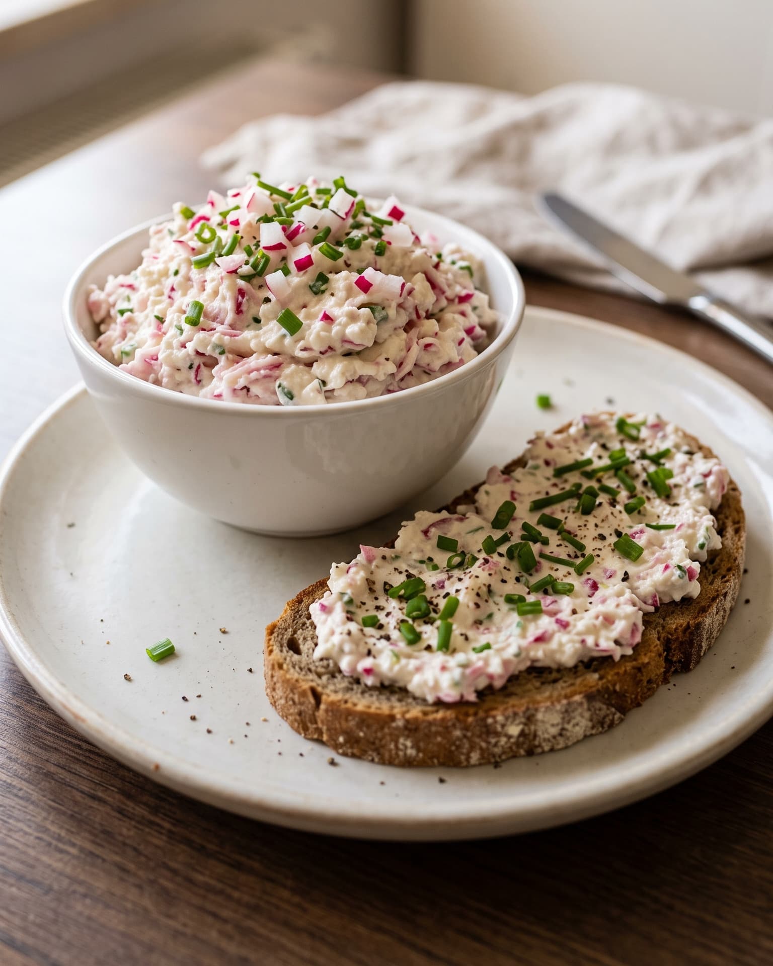 Pasta z twarogu z tartą rzodkiewką i szczypiorkiem w małej miseczce, obok kromka chleba posmarowana pastą