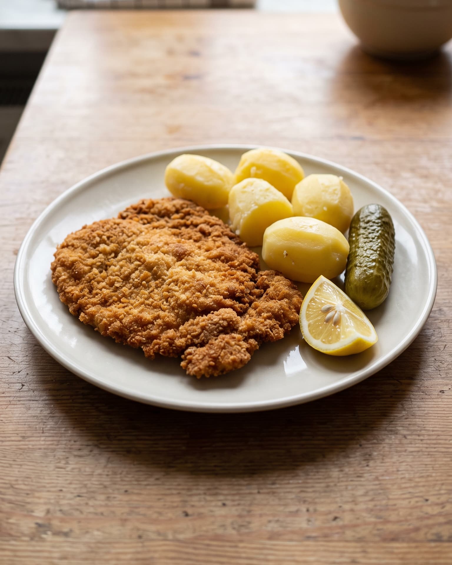Kotlet schabowy w złocistej panierce z bułki tartej z gotowanymi ziemniakami, ogórkiem kiszonym i cząstką cytryny