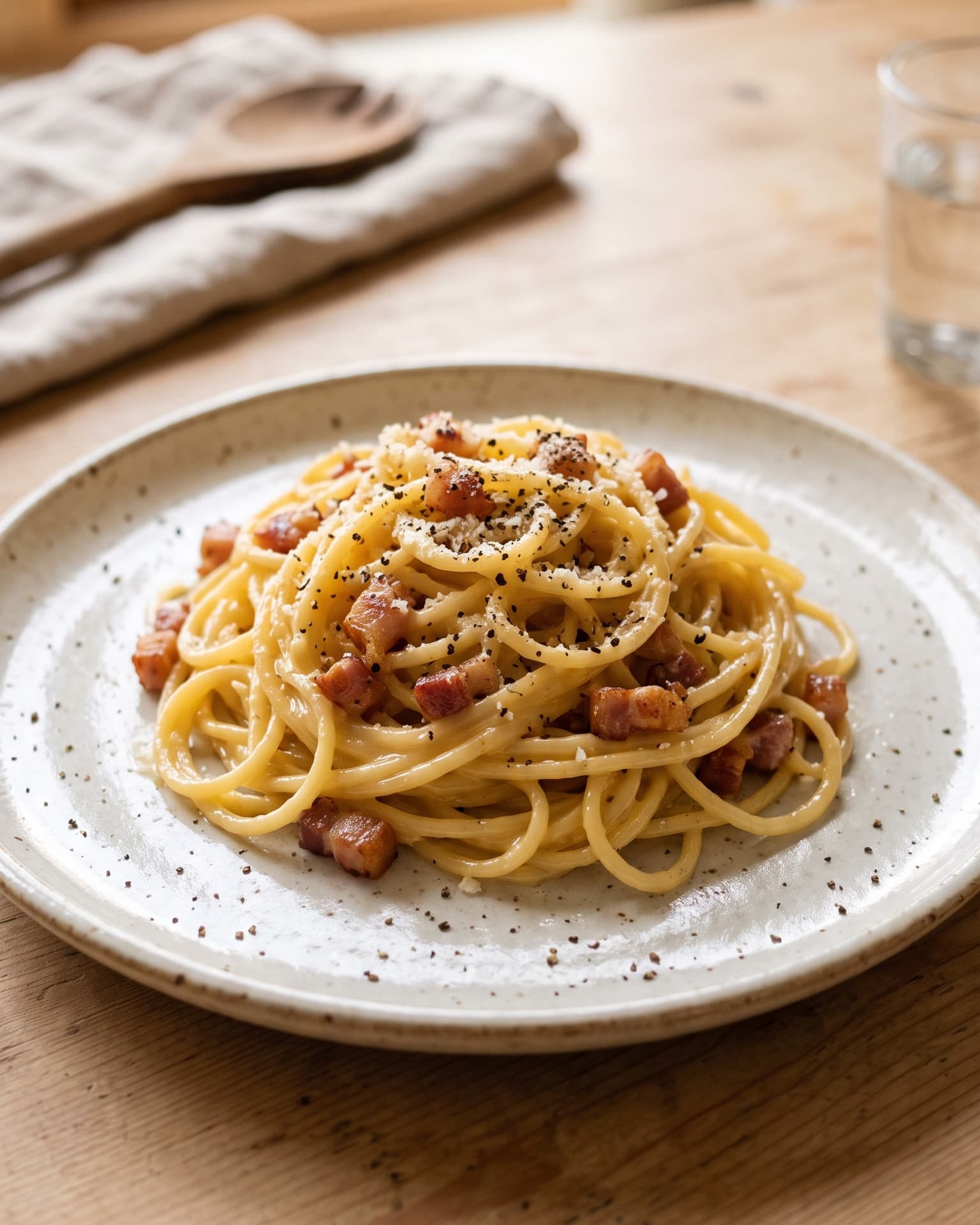 Spaghetti w gęstym jasnożółtym sosie jajeczno-serowym z kostkami podsmażonego boczku i czarnym pieprzem