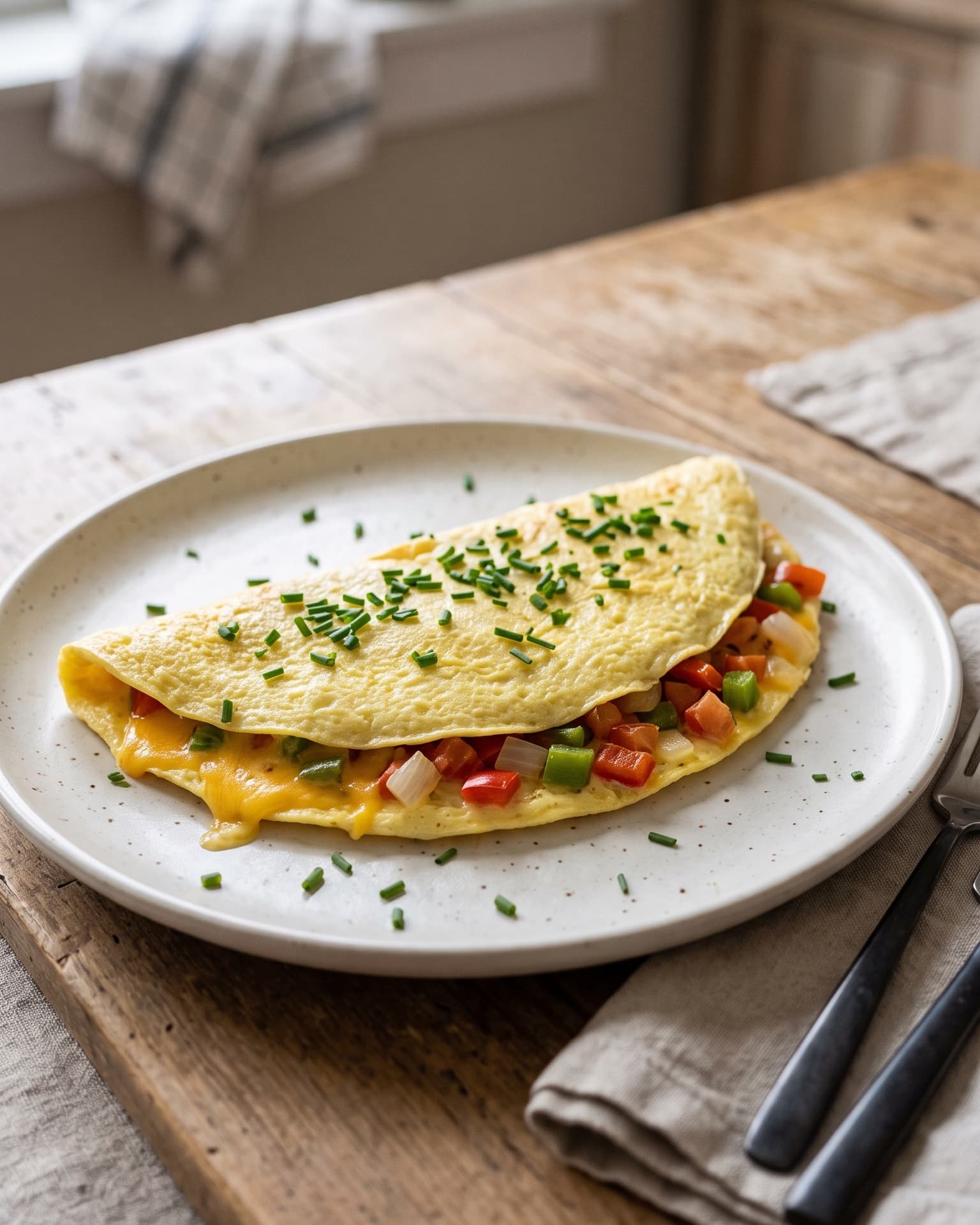 Złożony omlet z roztopionym serem żółtym i kostką warzyw, posypany szczypiorkiem